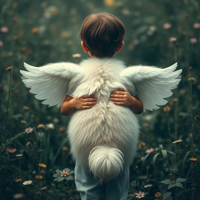 A heartfelt scene featuring a young child from behind, gently embracing a large fluffy dog with white wings