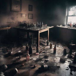 A highly detailed digital art image presents a somber scene of a post-party mess in a dimly lit, smoke-filled room