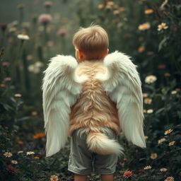 A heartfelt scene featuring a young child from behind, gently embracing a large fluffy dog with white wings