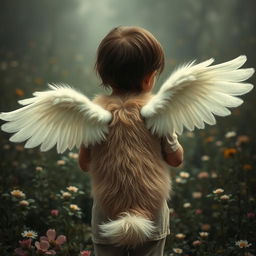 A heartfelt scene featuring a young child from behind, gently embracing a large fluffy dog with white wings