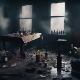 A highly detailed digital art image presents a somber scene of a post-party mess in a dimly lit, smoke-filled room