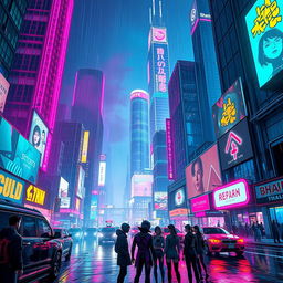 A vibrant cyberpunk cityscape at night, showcasing towering skyscrapers illuminated by neon lights in a multitude of colors: pinks, blues, and greens