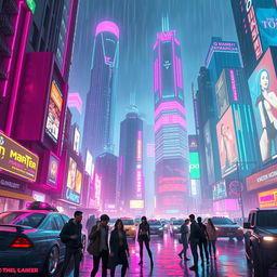 A vibrant cyberpunk cityscape at night, showcasing towering skyscrapers illuminated by neon lights in a multitude of colors: pinks, blues, and greens