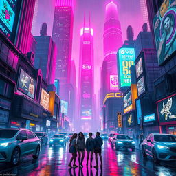 A vibrant cyberpunk cityscape at night, showcasing towering skyscrapers illuminated by neon lights in a multitude of colors: pinks, blues, and greens