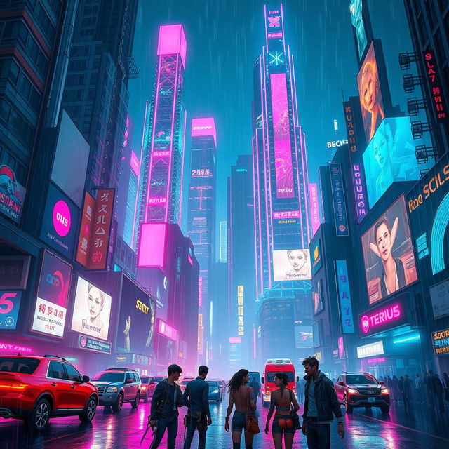 A vibrant cyberpunk cityscape at night, showcasing towering skyscrapers illuminated by neon lights in a multitude of colors: pinks, blues, and greens