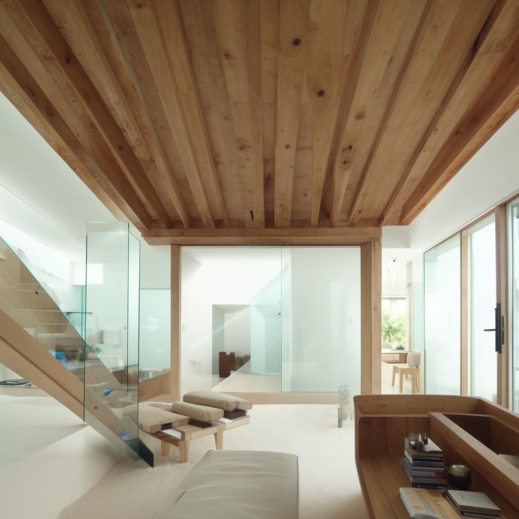 A spacious, elongated living room featuring an inbuilt seater, expansive glass walls, and a mezzanine level with visible truss work. The space is bright, airy, and modern.