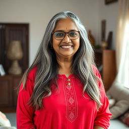 A 60-year-old dusky plus-size Indian housewife with long grey hair, wearing glasses