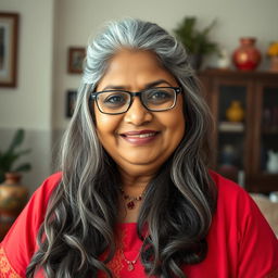 A 60-year-old dusky plus-size Indian housewife with long grey hair, wearing glasses