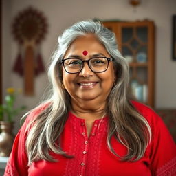 A 60-year-old dusky plus-size Indian housewife with long grey hair, wearing glasses