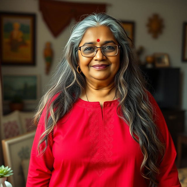 A 60-year-old dusky plus-size Indian housewife with long grey hair, wearing glasses