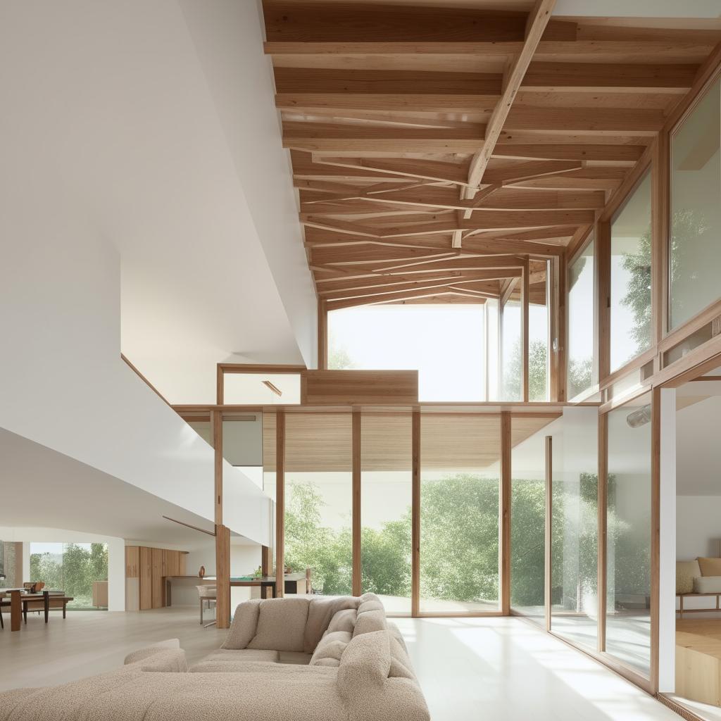 A spacious, elongated living room featuring an inbuilt seater, expansive glass walls, and a mezzanine level with visible truss work. The space is bright, airy, and modern.