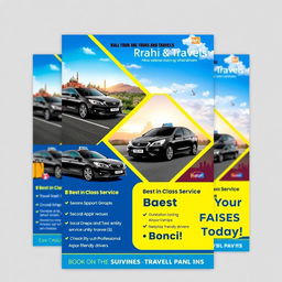 A vibrant and eye-catching advertisement flyer for 'Rahi Tours and Travels', featuring high-quality images of sleek sedan and spacious MUV (Multi Utility Vehicle) taxi cabs in scenic tourist locations