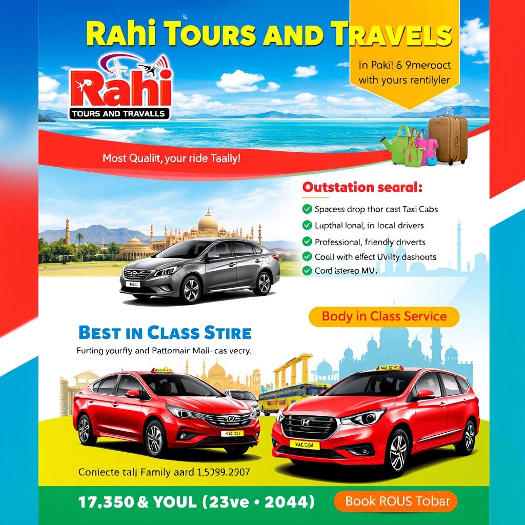 A vibrant and eye-catching advertisement flyer for 'Rahi Tours and Travels', featuring high-quality images of sleek sedan and spacious MUV (Multi Utility Vehicle) taxi cabs in scenic tourist locations