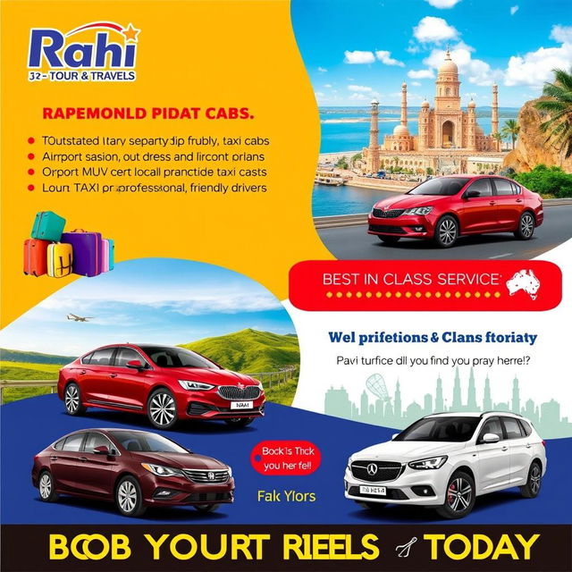 A vibrant and eye-catching advertisement flyer for 'Rahi Tours and Travels', featuring high-quality images of sleek sedan and spacious MUV (Multi Utility Vehicle) taxi cabs in scenic tourist locations