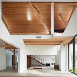 A spacious, elongated living room featuring an inbuilt seater, expansive glass walls, and a mezzanine level with visible truss work. The space is bright, airy, and modern.