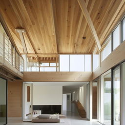 A spacious, elongated living room featuring an inbuilt seater, expansive glass walls, and a mezzanine level with visible truss work. The space is bright, airy, and modern.