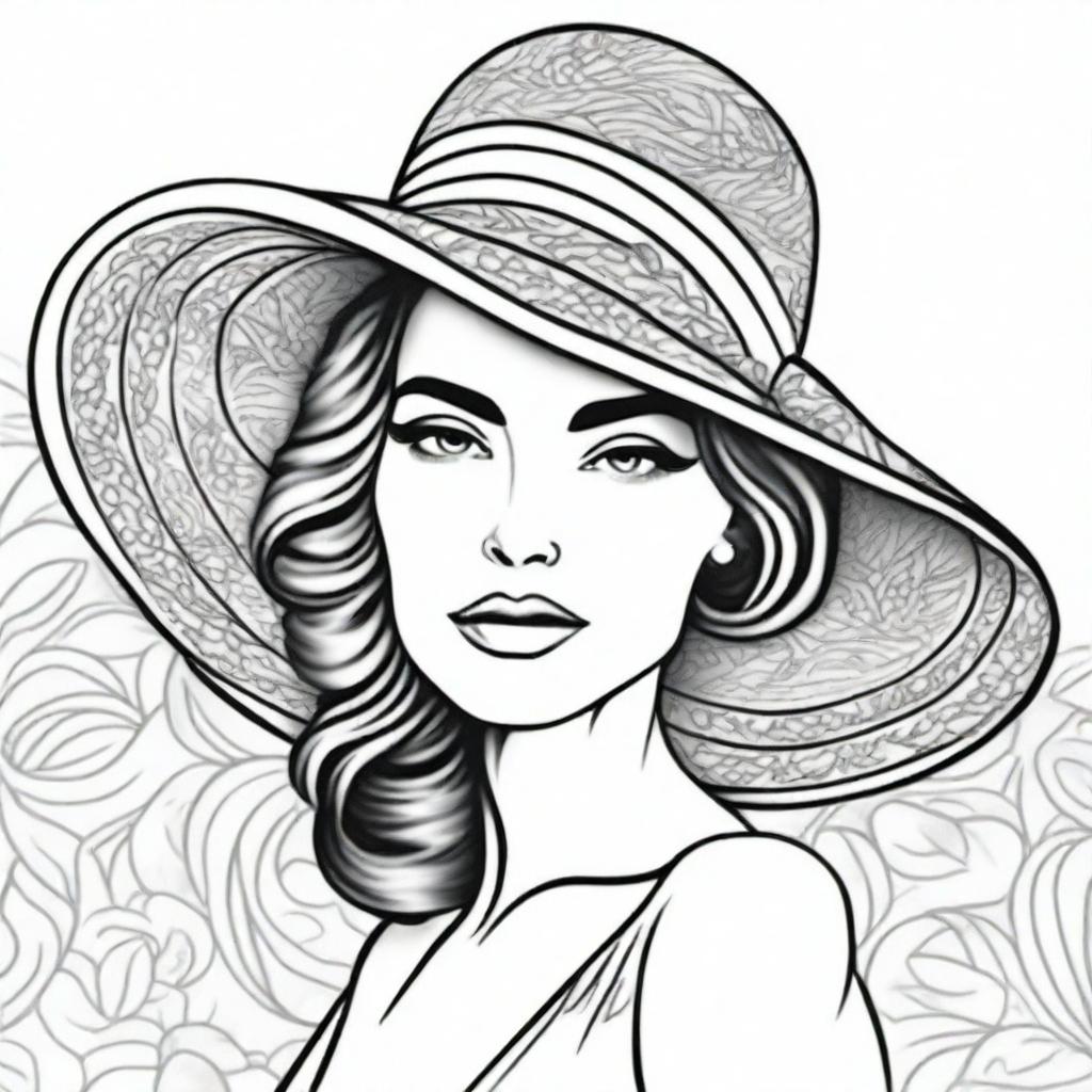 A black and white line drawing of an elegant woman donning a large patterned hat in the style of Sophie Gamand