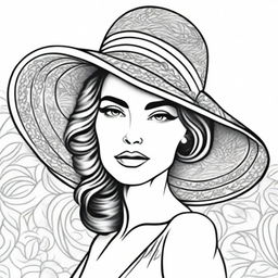 A black and white line drawing of an elegant woman donning a large patterned hat in the style of Sophie Gamand