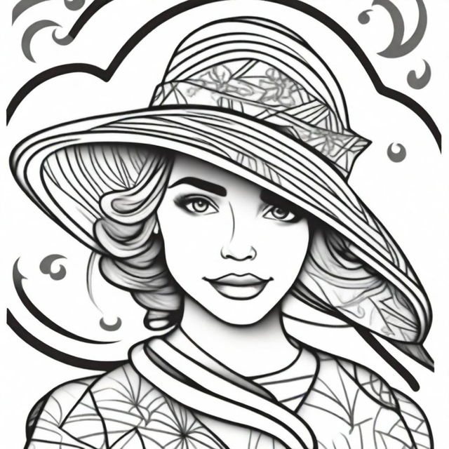 A black and white line drawing of an elegant woman donning a large patterned hat in the style of Sophie Gamand