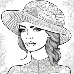 A black and white line drawing of an elegant woman donning a large patterned hat in the style of Sophie Gamand