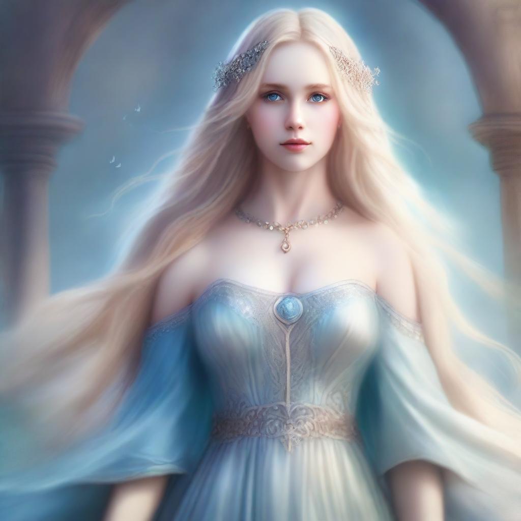 A digital art image in a fantasy style, featuring a beautiful adult female with wide hips and a plump figure