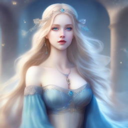 A digital art image in a fantasy style, featuring a beautiful adult female with wide hips and a plump figure