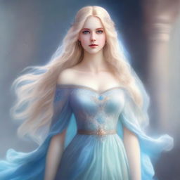 A digital art image in a fantasy style, featuring a beautiful adult female with wide hips and a plump figure