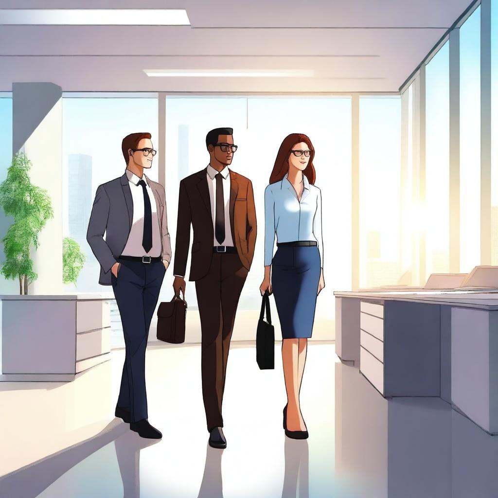 A high-quality digital art image capturing a scene of a secretary and a colleague walking around in a brightly lit office environment