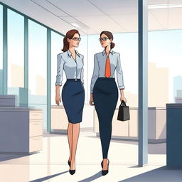 A high-quality digital art image capturing a scene of a secretary and a colleague walking around in a brightly lit office environment