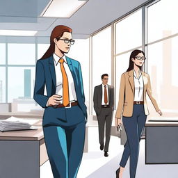 A high-quality digital art image capturing a scene of a secretary and a colleague walking around in a brightly lit office environment