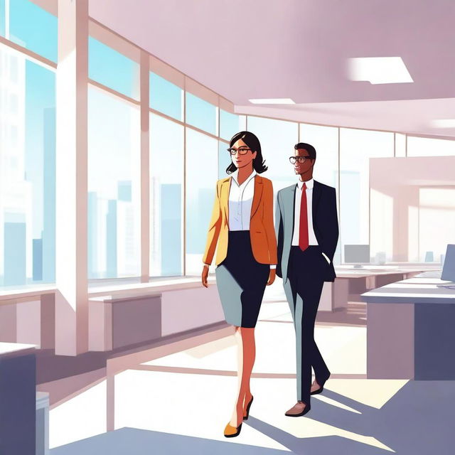 A high-quality digital art image capturing a scene of a secretary and a colleague walking around in a brightly lit office environment