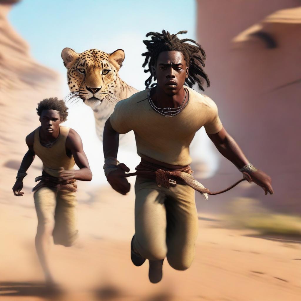 An image of highest quality depicting a young black man with dreadlocks tied up, named Ishowspeed, outpacing a cheetah in a race