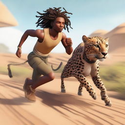 An image of highest quality depicting a young black man with dreadlocks tied up, named Ishowspeed, outpacing a cheetah in a race