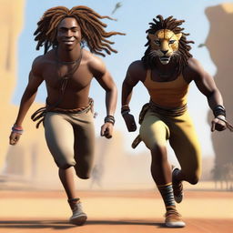 An image of highest quality depicting a young black man with dreadlocks tied up, named Ishowspeed, outpacing a cheetah in a race