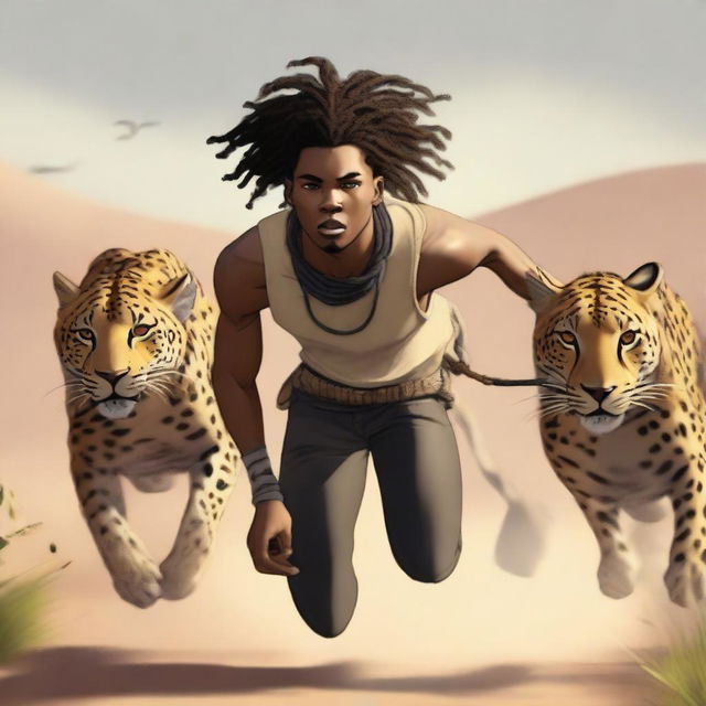 An image of highest quality depicting a young black man with dreadlocks tied up, named Ishowspeed, outpacing a cheetah in a race