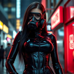 A hot slim girl with big breasts wearing a full enclosure black shiny neoprene suit that hugs her curves tightly