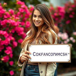 A stunning 30-year-old woman with long, flowing hair stands gracefully holding a sign that says: "Познакомимся"