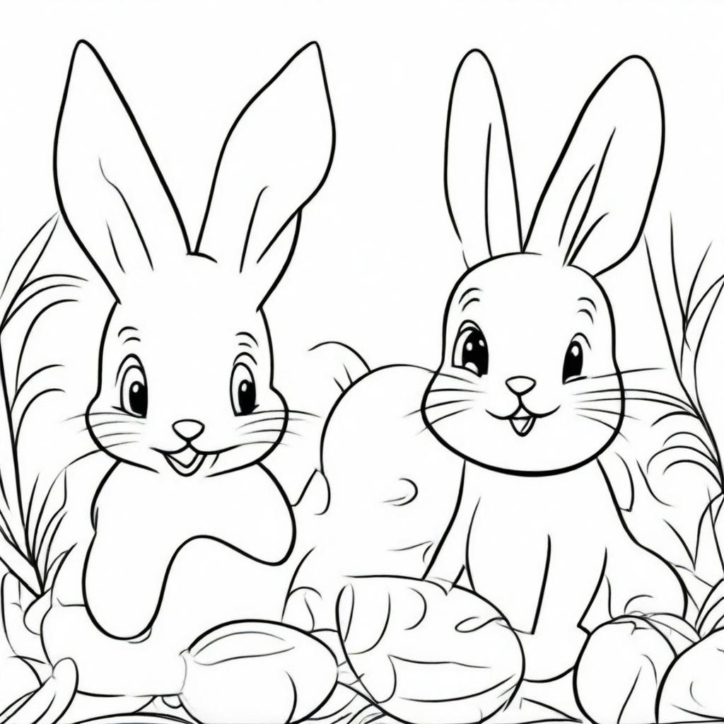 A black and white line drawing featuring adorable Easter bunnies in the style of Disney