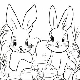 A black and white line drawing featuring adorable Easter bunnies in the style of Disney