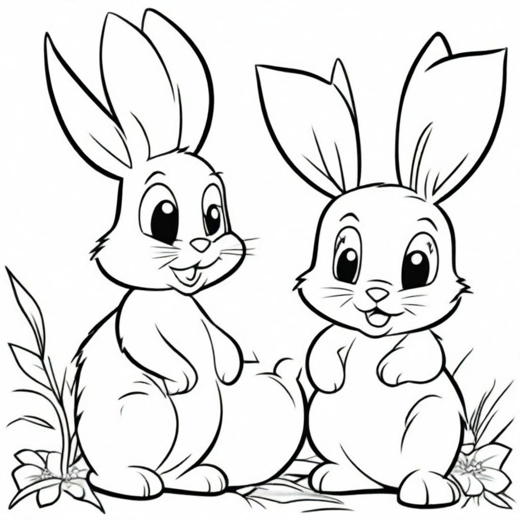 A black and white line drawing featuring adorable Easter bunnies in the style of Disney