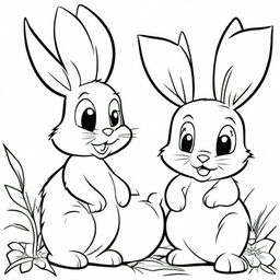 A black and white line drawing featuring adorable Easter bunnies in the style of Disney