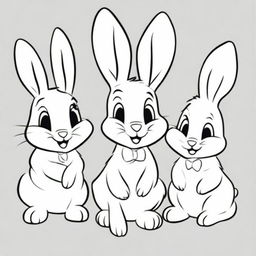 A black and white line drawing featuring adorable Easter bunnies in the style of Disney