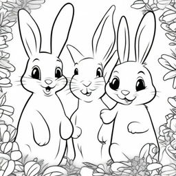 A black and white line drawing featuring adorable Easter bunnies in the style of Disney