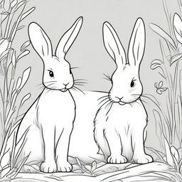 A black and white line drawing featuring charming bunnies in the style of Watership Down