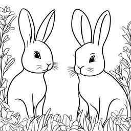 A black and white line drawing featuring charming bunnies in the style of Watership Down