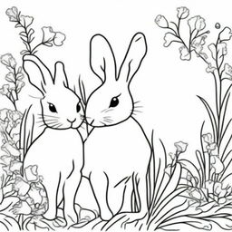 A black and white line drawing featuring charming bunnies in the style of Watership Down