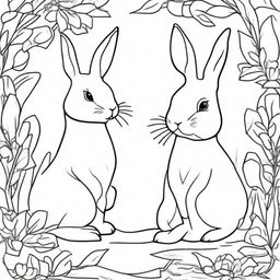 A black and white line drawing featuring charming bunnies in the style of Watership Down