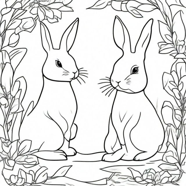 A black and white line drawing featuring charming bunnies in the style of Watership Down