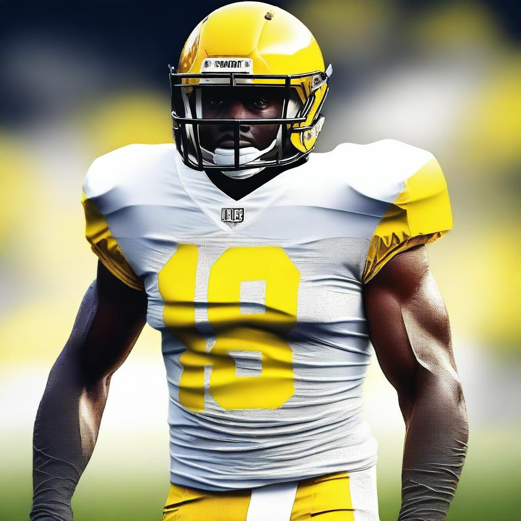 Visualize a high-quality, digital art image featuring a football player in the center of the frame