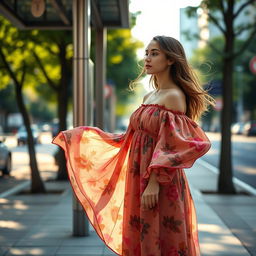 A young woman standing at a bus stop, wearing a flowing, elegant off-the-shoulder dress that drapes beautifully around her figure